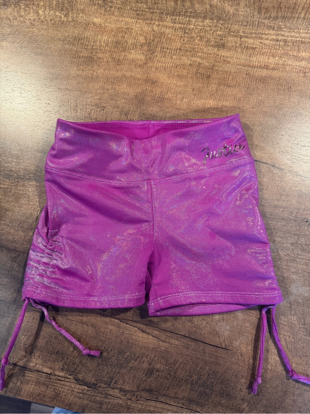 Justice Girls Purple Metallic Iridescent Ruched Athletic Shorts Size xs (5/6)